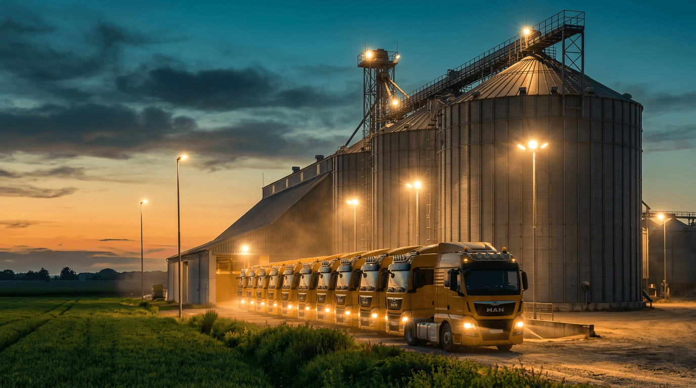 Fila de caminhões em armazém de grãos ao entardecer